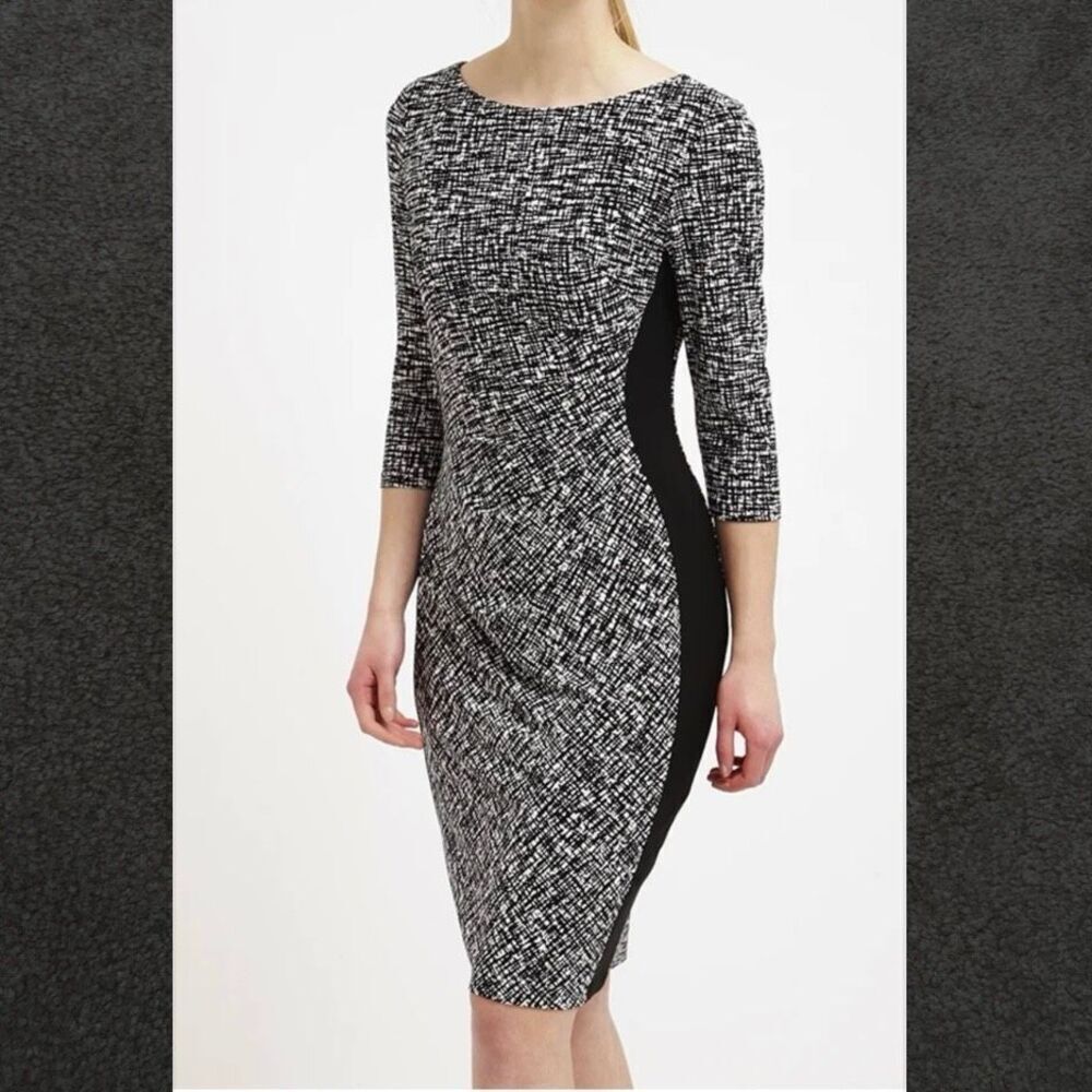 Lauren Ralph Lauren Black White Stretchy Dress Size 14 with Sleeves (z1)